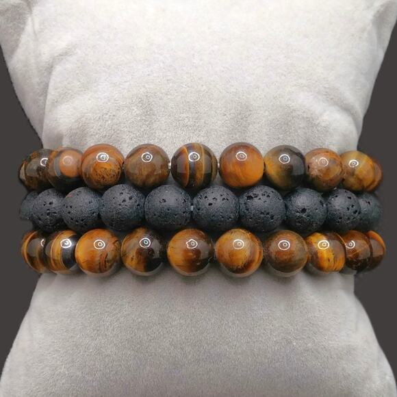 Gemstone Bracelet Tigers Eye Set of 3 Black Lava 8mm Beaded Handmade Stretch NEW - Picture 1 of 13